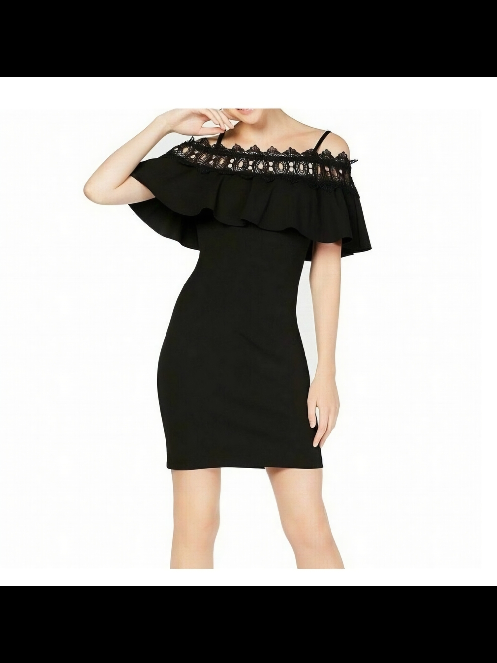 BCX Black One-Shoulder Ruffle Lace Trim Dress